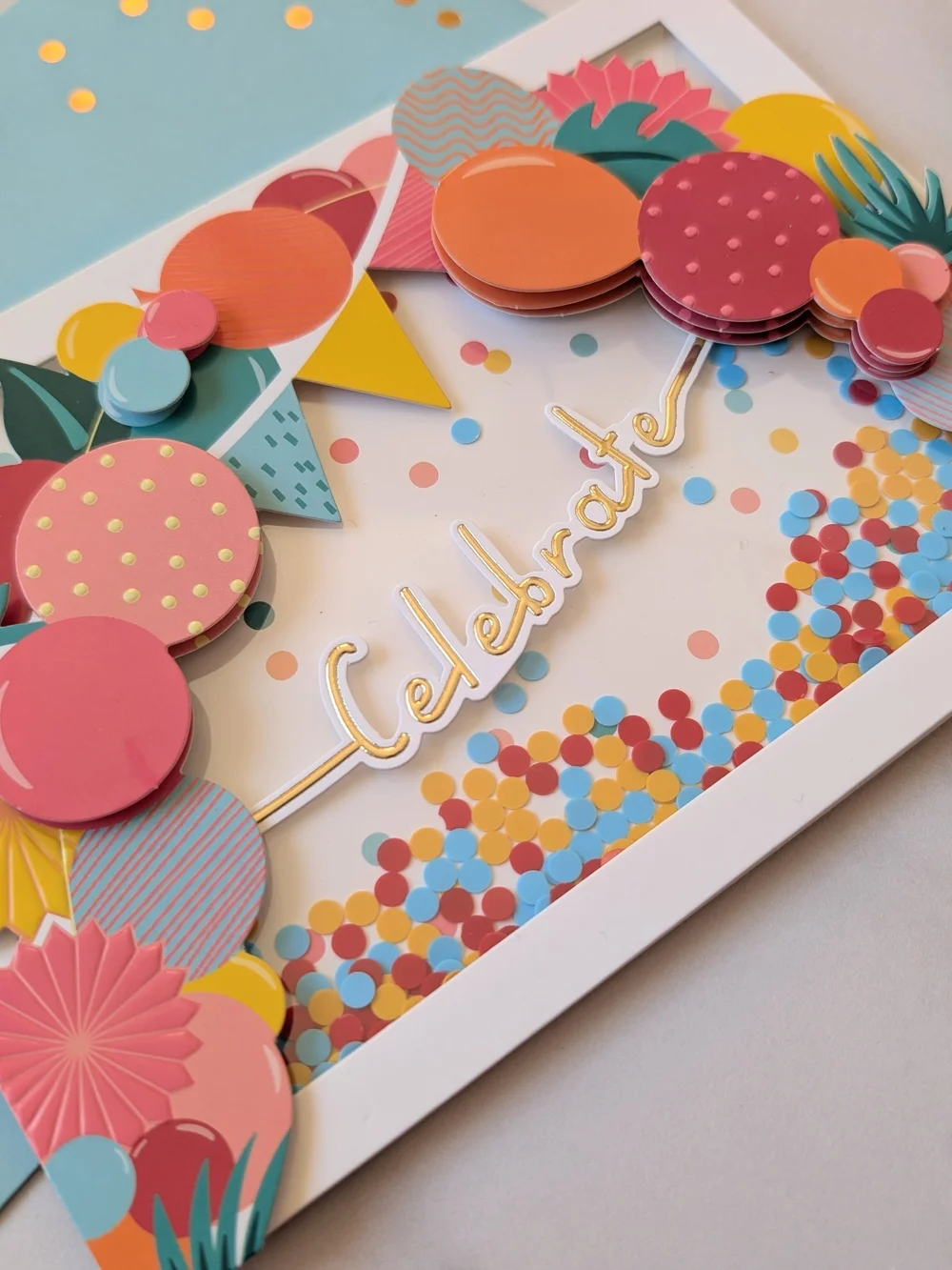 Celebrate Pop-Up Confetti Card in Pastel Pink, Coral, Yellow & Teal